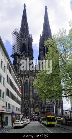 The two towers of the cathedral at Cologne where with their height of 157,38m (515ft)  the tallest building in the world from 1880 to 1884. It is still the tallest twin-spired church in the world. Stock Photo