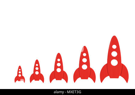 Red rockets are in order of increasing on a white background. The concept of space and technology, travel to the stars and other planets. Space touris Stock Photo