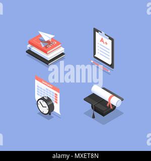 Vector set of isometric icons for education in school, college or university, such as exam, graduation, schedule and textbooks. Stock Vector