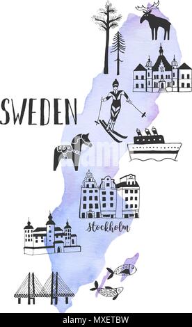 Vector watercolor map with handdrawn illustrations of famous sightseeings, places and landmarks of Sweden Stock Vector