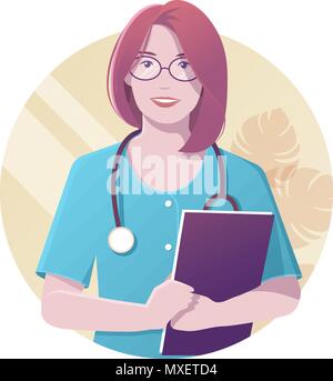 Vector illustration of smiling female doctor with stethoscope in blue uniform holding folder in her hands. Modern flat realistic style. Stock Vector