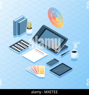 Vector illustration of isometric 3D desk with designer or artist equipment including tablet,mobile devices and coffee cup. Stock Vector
