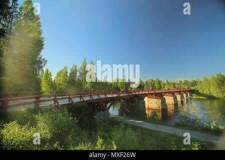 Historical wooden bridge Lejonstroemsbron in Skelleftea, Sweden. Stock Photo