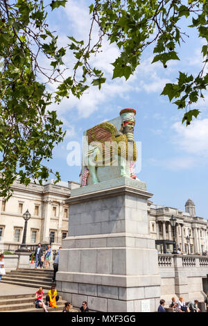 Assyrian Lamassu statue, The Invisible Enemy Should Not Exist, Fourth Plinth, Trafalgar Square, National Gallery behind, Westminster, central London W Stock Photo