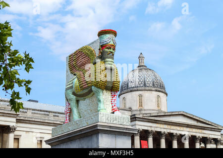 Assyrian Lamassu statue, The Invisible Enemy Should Not Exist, Fourth Plinth, Trafalgar Square, National Gallery behind, Westminster, central London W Stock Photo
