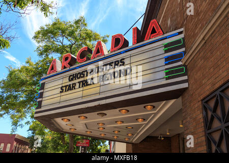 Wellsboro, PA, USA - July 26, 2016: The Arcadia Movie Theater arcade on the Main Street of Wellsboro in Tioga County, Pennsylvania Stock Photo