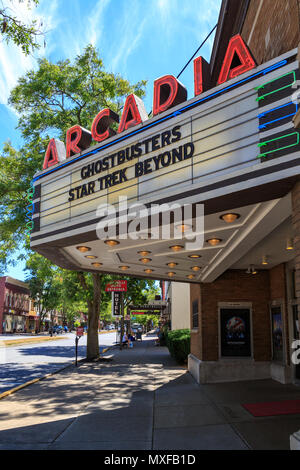 Wellsboro, PA, USA - July 26, 2016: The Arcadia Movie Theater arcade on the Main Street of Wellsboro in Tioga County, Pennsylvania Stock Photo