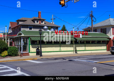 Wellsboro, PA, USA - July 26, 2016: The Wellsboro Diner is a landmark on Route 6 in the downtown area that features authentic gas street lamps. Stock Photo