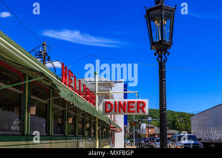 Wellsboro, PA, USA - July 26, 2016: The Wellsboro Diner is a landmark on Route 6 in the downtown area that features authentic gas street lamps. Stock Photo