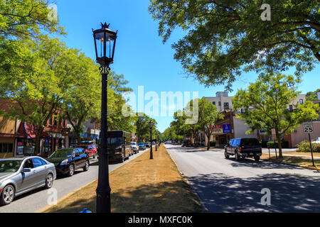 Wellsboro, PA, USA - July 26, 2016: The downtown streets of Wellsboro still illuminated with authentic gas street lamps. Stock Photo