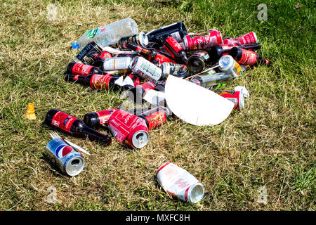 Discarded Empty Bottles And Beer Cans Laying On Grass Stock Photo