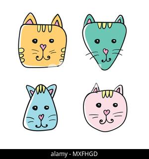 Simple, hand drawn cartoon cat face icon. Four color variations on white Stock Vector