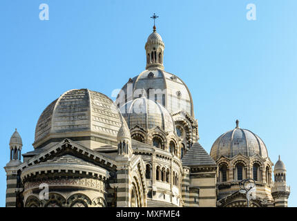 Close-up view of the cathedral of Marseille, Sainte-Marie-Majeure, also known as La Major, a neo-byzantine style catholic building achieved in 1893, s Stock Photo