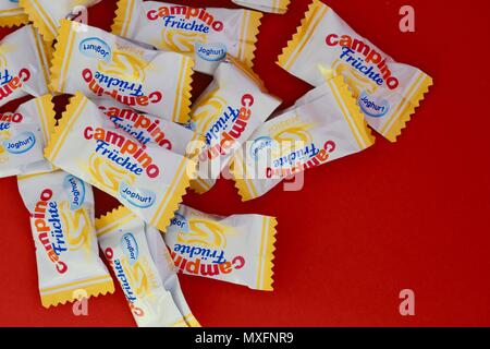 Campino boiled sweets, fruit and yogurt flavours, purple background