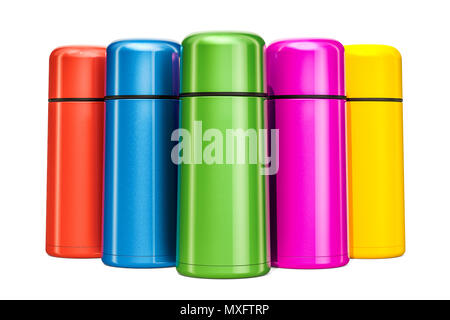 Set of colored thermos, 3D rendering isolated on white background Stock Photo