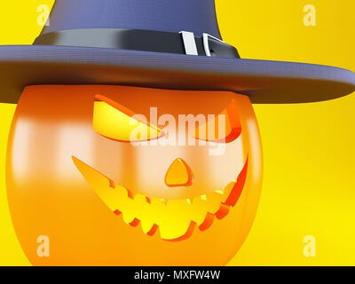 3d illustration. Happy Halloween pumpkin with candle light inside and hat on yellow background. Stock Photo
