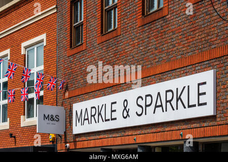 M&S in Windsor, with its new sign celebrating the Royal Wedding between Meghan Markle and Prince Harry Stock Photo