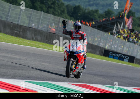 Mugello Circuit, Scarperia, Italy. 3rd June, 2018. Italian Motorcycle Grand Prix, Sunday race day; Andrea Dovizioso (Ducati) waves to fans as he takes 2nd place Credit: Action Plus Sports/Alamy Live News Stock Photo