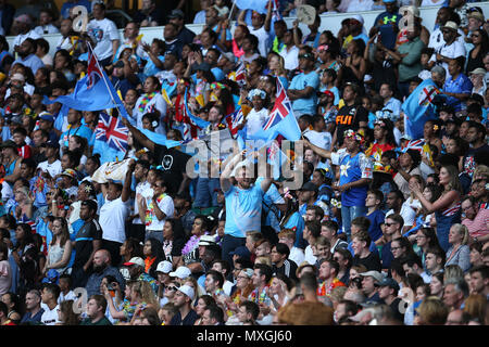 Twickenham, London, UK. 3rd Jun, 2018. Fiji rugby fans. HSBC World rugby sevens series 2018 , London, Twickenham Stadium , day 2 on Sunday 3rd June 2018.  this image may only be used for Editorial purposes. Editorial use only,  pic by Andrew Orchard//Andrew Orchard sports photography/Alamy Live news Stock Photo