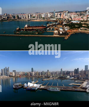 (180604) -- QINGDAO, June 4, 2018 (Xinhua) -- Combined photos show aerial views of Olympic Sailing Center, which used to be a shipyard, in Qingdao, east China's Shandong Province, taken respectively in 2000 (upper) and on April 16, 2018. Development of the coastal city can be seen from the file photos of Qingdao taken by photographer Zhang Yan on a helicopter since 1996 and the new ones taken by drones. Qingdao, as one of the first Chinese cities to open up, was an important port for the Belt and Road, and that people could sense the extensive, profound local culture and the vitality of China' Stock Photo