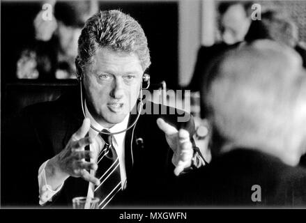 ***FILE PHOTO*** Bill Clinton Has Not Apologized To Monica Lewinsky And Claims Did The Right Thing Staying In Office.  United States President Bill Clinton discusses ways to solidify democracy in the former Soviet Union, with President Boris Yeltsin of Russia during their historic summit in Vancouver, B.C., Canada.  Before leaving for Vancouver, the President remarked that the Russian peoples' 'struggle to build free societies is one of the great human dramas of our day.' Credit: White House via CNP /MediaPunch Stock Photo