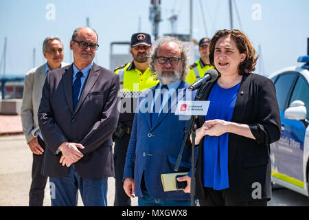 Barcelona, Catalonia, Spain. 4th June, 2018. The mayor Ada Colau is seen during the presentation of the new fleet of vehicles for the GuÃ rdia Urbana de Barcelona.With the presence of Mayor Ada Colau and the security commissioner Amadeu Recasens, the presentation of the new patrol vehicle fleet of the Guardia Urbana de Barcelona Police has taken place. The investment was 12.6 million euros. The new vehicles with a hybrid system allow a fuel saving of 608 euros per vehicle per year. These new cars are equipped with new communication technology and cameras with license plate recognition. Likew Stock Photo