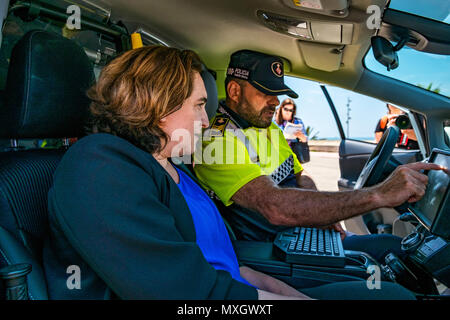 Barcelona, Spain. 4th June, 2018. The mayor Ada Colau attends the operation of the new data communication system of one of the new vehicles of the Guàrdia Urbana de Barcelona. With the presence of Mayor Ada Colau and the security commissioner Amadeu Recasens, the presentation of the new patrol vehicle fleet of the Guardia Urbana de Barcelona Police  has taken place. The investment was 12.6 million euros. The new vehicles with a hybrid system allow a fuel saving of 608 euros per vehicle per year. Stock Photo
