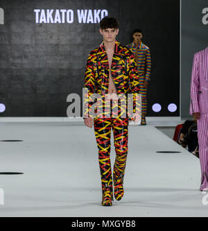 Takato Wako's brilliant Vynl Mens Collection shown at Nottingham Trents show at Graduate Fashion Week in London 2018 Credit: Marc Wainwright Photography/Alamy Live News Stock Photo