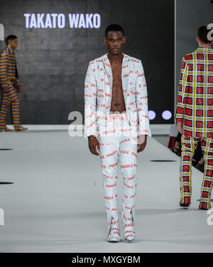 Takato Wako's brilliant Vynl Mens Collection seen during Nottingham Trents show at Graduate Fashion Week in London 2018 Credit: Marc Wainwright Photography/Alamy Live News Stock Photo