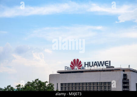 BELGRADE, SERBIA - MAY 25, 2018: Huawei logo on their office for Serbia in Belgrade. Huawei Technologies is a Chinese networking and telecommunication Stock Photo