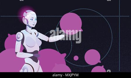 chat bot using bubbles, woman robot virtual assistance of website or mobile applications, artificial intelligence messenger support concept flat Stock Vector