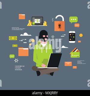 Man Black Mask Sitting At Computer Hacker Activity Concept Viruses Data Privacy Attack Internet Information Security Flat Stock Vector