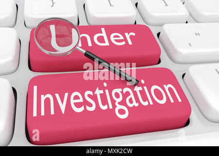 3D illustration of computer keyboard with the script Under Investigation on two adjacent red buttons, and a magnifying glass over these butons. Stock Photo