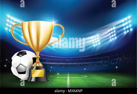 Golden trophy cups and Soccer ball football stadium greeen grass field with spot light at night time vector illustration, with copy space Stock Vector
