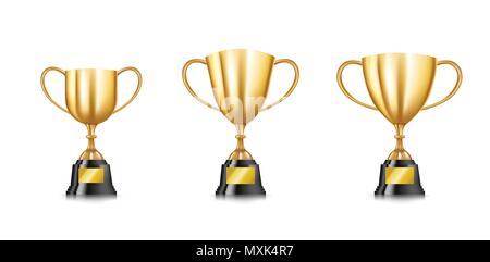 Set of 3D Golden trophy cups collection isolated on white background, for winner reward vector illustration Stock Vector