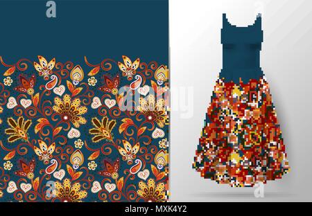 Floral seamless pattern with oriental hand drawing ornament. Vector illustration in asian textile style. Women's dress mock up. Bright orange red on dark blue background Stock Vector