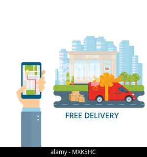 Flat style vector illustration free delivery service concept. Truck with box container,store,  shop shipping with sity background. Vector flat concept Stock Vector