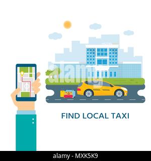 Banner with the machine yellow cab in the city. Hand holding phone with taxi service mobile app . Cityscape, hotel on the background. Flat vector illu Stock Vector