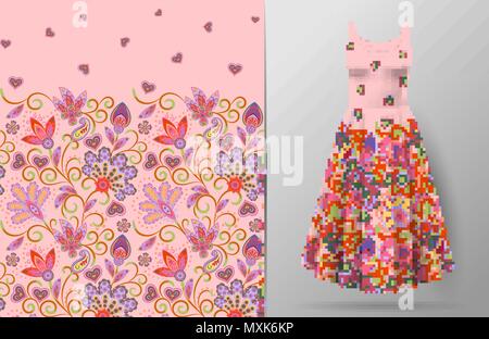 Seamless vertical fantasy flowers pattern. Hand draw floral background on dress mockup. Vector. Traditional eastern pattern for textiles, wallpapers, decor etc. Delicate pink Stock Vector