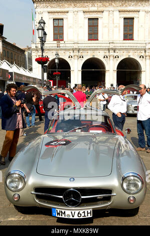 BRESCIA,ITALY - MAY,12: a Mercedes-benz SL W198-I   of 1955 at the puncing of Mille Miglia,the famous race for historic cars,May 12,2011 in Brescia,It Stock Photo