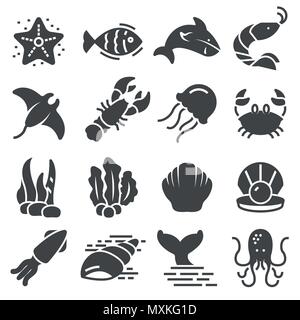 Sea animal related icons. Thin vector icon set, black and white kit Stock Vector