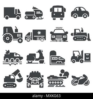 Vector black vehicles icons set on white background Stock Vector