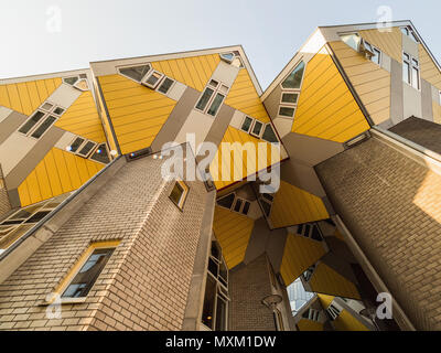 ROTTERDAM, NETHERLANDS - MAY 31, 2018: Cube houses (Kubuswoningen). City most iconic attractions in Rotterdam. Architect tilted a traditional, cube-sh Stock Photo