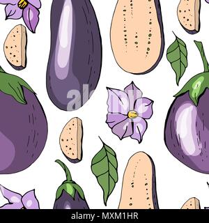Seamless pattern with eggplant. Endless texture with vegetables and flowers Stock Vector
