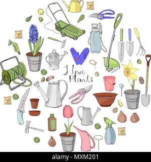Round shape made of different gardening tools. Circle with object for growing plants  isolated on white background Stock Vector