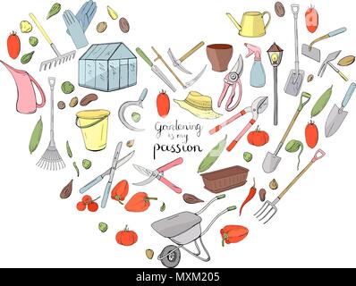 Heart shape made of different gardening tools. Object for growing plants  isolated on white background Stock Vector