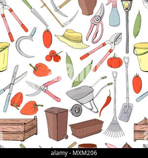 Seamless pattern with different objects and tools for gardening. Endless texture for season design Stock Vector