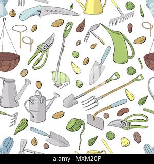 Seamless pattern with different objects and tools for gardening. Endless texture for season design Stock Vector