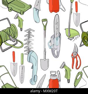 Seamless pattern with different objects and tools for gardening. Endless texture for season design Stock Vector