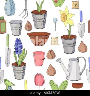 Seamless pattern with different objects and tools for gardening. Endless texture for season design Stock Vector